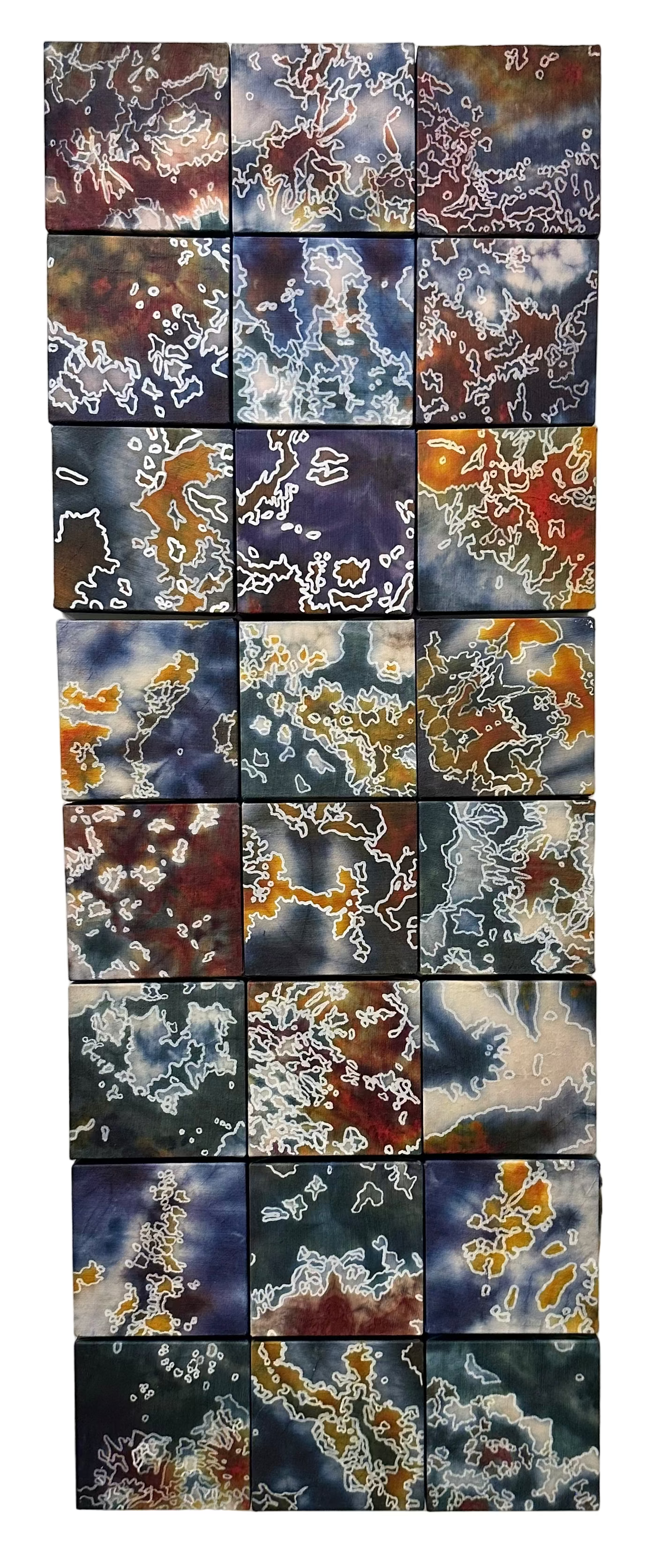 Wall art composed of small square panels with abstract designs in various colors.